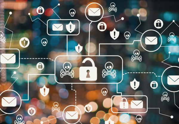 A dark, abstract background of blurred lights is overlaid with a network of security-related icons. The icons, connected by white dashed lines, include open envelopes, locks, skull and crossbones, and shields with exclamation marks, representing a digital security or scam warning. Property Tax Advice Expat Tax Advice PTA ETA Riverview Portfolio